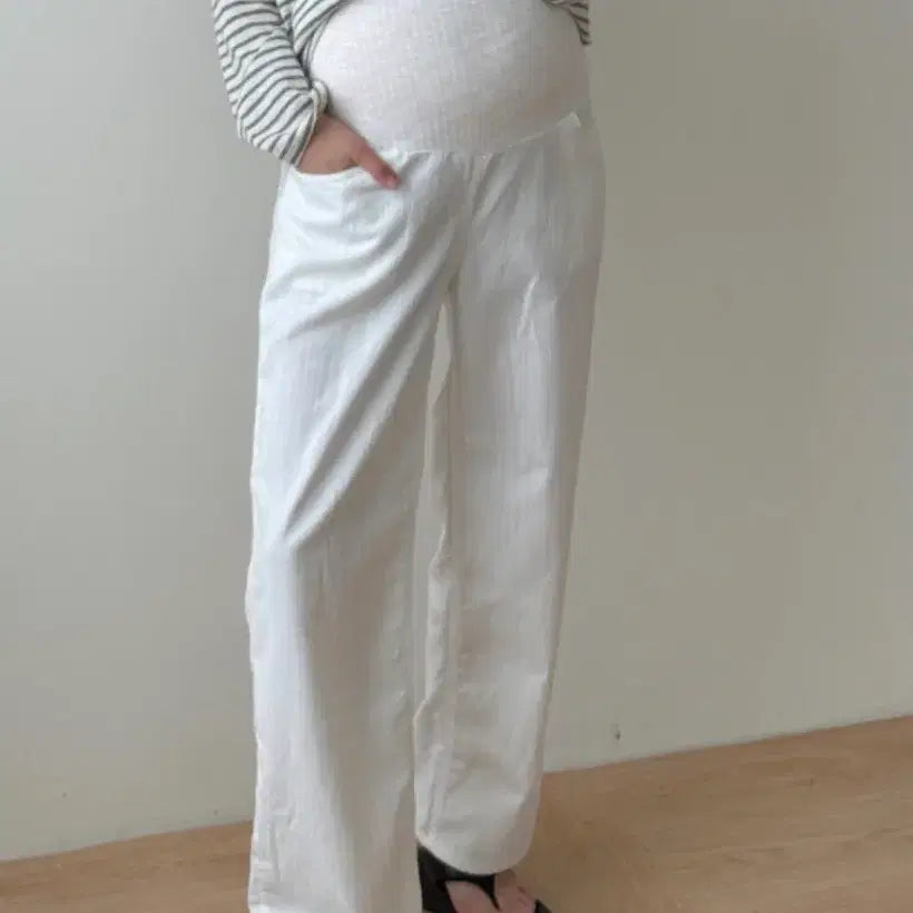 [BUNJANG] Maternity White Belly Band Cotton Pants L / 임부복 화이트 복대 면 팬츠 L