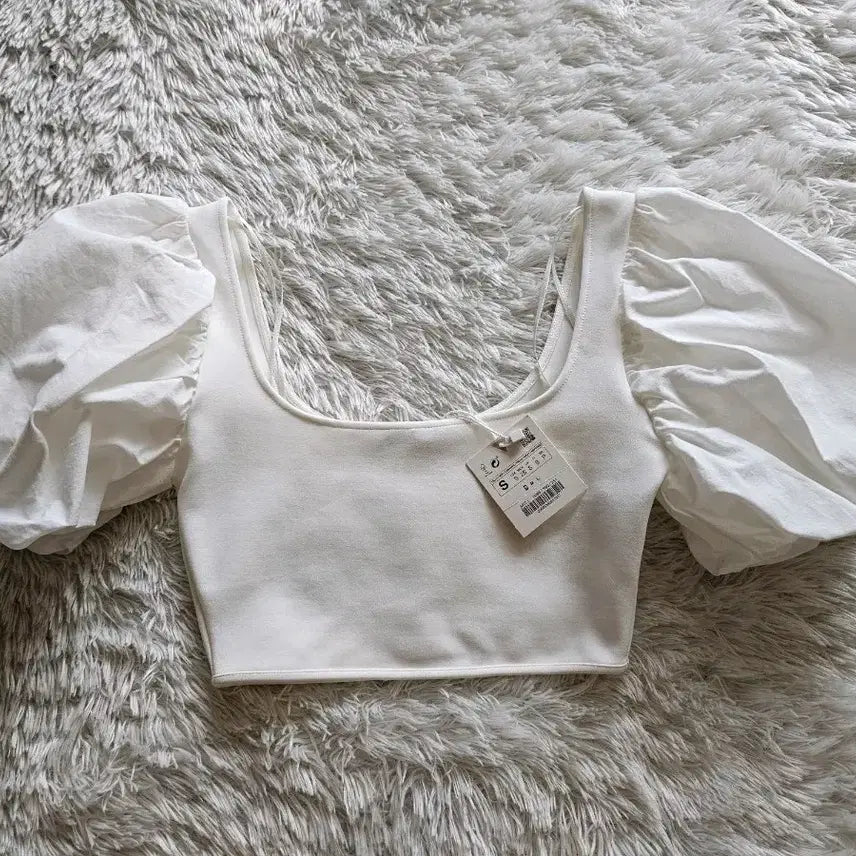 [BUNJANG] Zara White Puff Sleeve Cropped Top - Size S / 자라 화이트 퍼프 소매 크롭 탑 S 사이즈 새상품