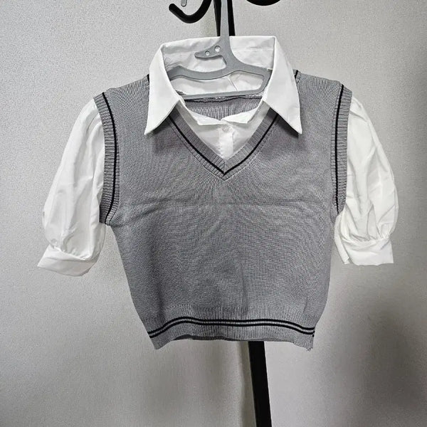[BUNJANG] Layered Blouse Knit Vest Set / 55추천 레이어드 블라우스 니트 조끼 새상품