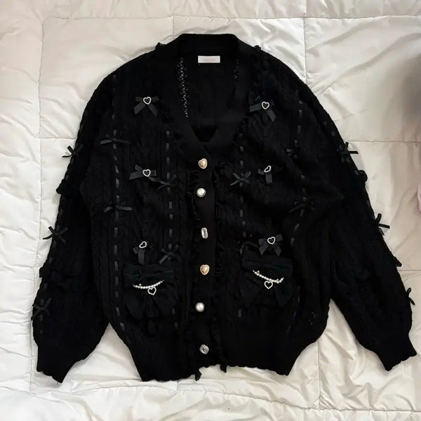 [BUNJANG] Lizlisa Black Ribbon Heart Cubic Cardigan / 리즈리사 블랙 리본 하트 큐빅 가디건