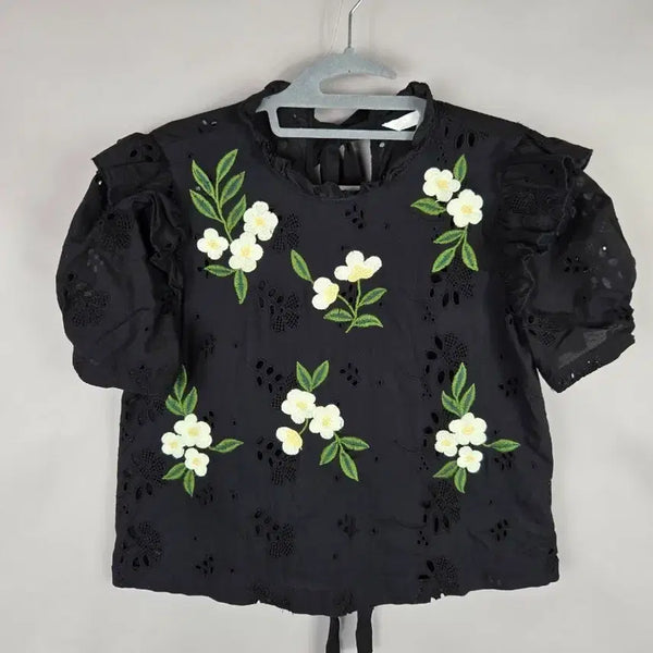 [BUNJANG] Zara Women's S Punching Embroidery Puff Sleeve Lace Short Sleeve Blouse / [무료배송]자라 S 여성 펀칭 자수 퍼프소매 레이스 반팔 블라우스 뒷리본