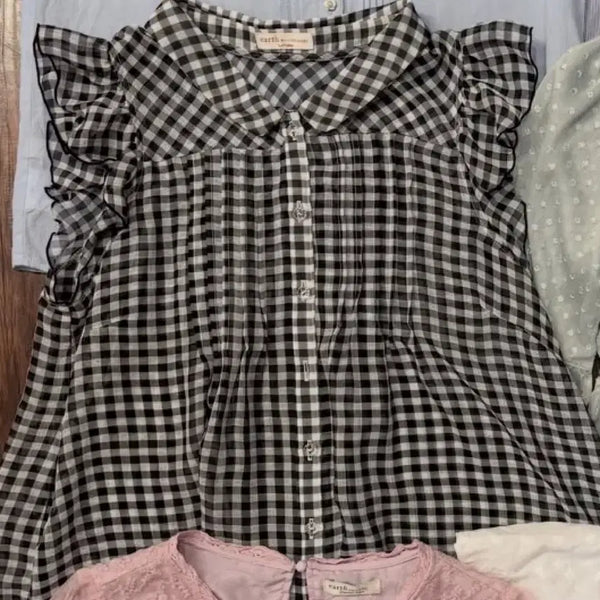 [BUNJANG] Suzuko Vintage Earth Music & Ecology Check Frill Babydoll Blouse / 스즈코 빈티지 어스뮤직 체크 민소매 나시 베이비돌 프릴 블라우스