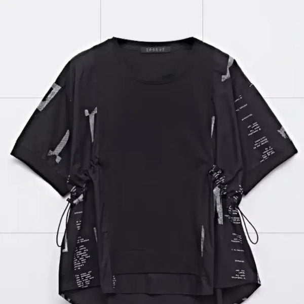 [BUNJANG] Tankus Black Printing Shirring Short Sleeve T-Shirt / 백화점 탱커스 블랙 프린팅 셔링 반팔티 66(새상품)