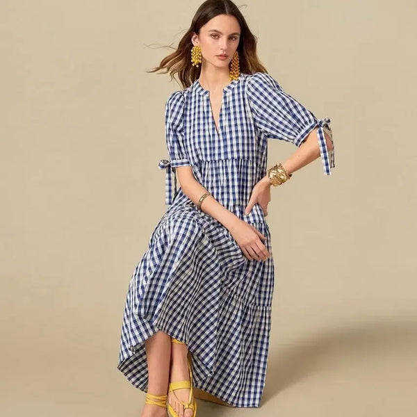 [BUNJANG] Gingham Check Navy Long Dress / 깅엄체크 네이비 롱원피스~새상품