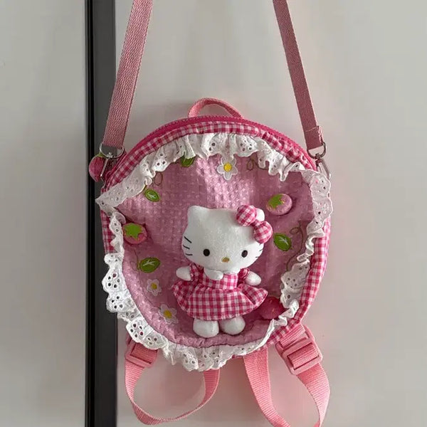 [BUNJANG] Hello Kitty Vintage Round Backpack / 희귀)고전 헬로키티 고전키티 체크패턴 원형백팩