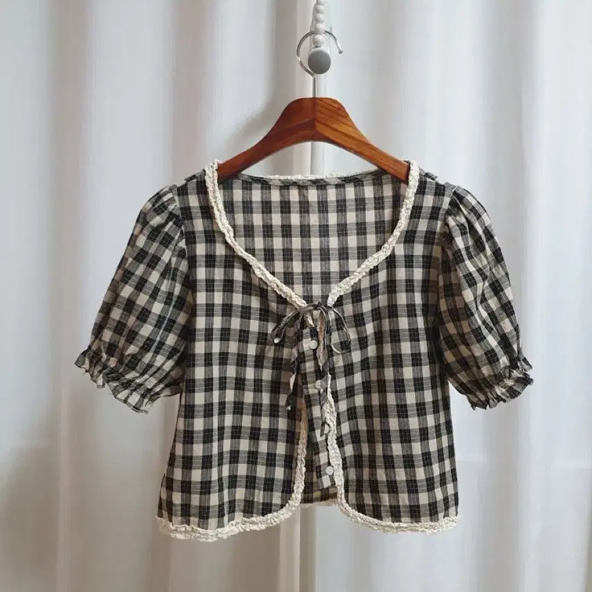 [BUNJANG] Vintage Mori Girl Linen Blend Check Blouse / 빈티지 모리걸 체크 린넨 블라우스