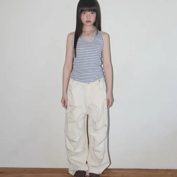 [BUNJANG] Stripe Open Back Halter Neck Tank Top / 미착용 팬시클럽 스트라이프 오픈백 홀터넥 나시