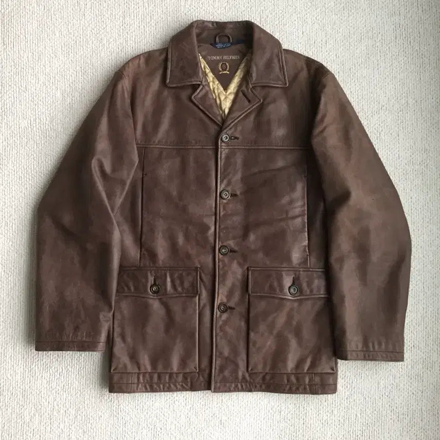 [BUNJANG] 90s Tommy Hilfiger Brown Oiled Leather Car Coat M-L / 90s 타미힐피거 브라운 오일레더 카코트