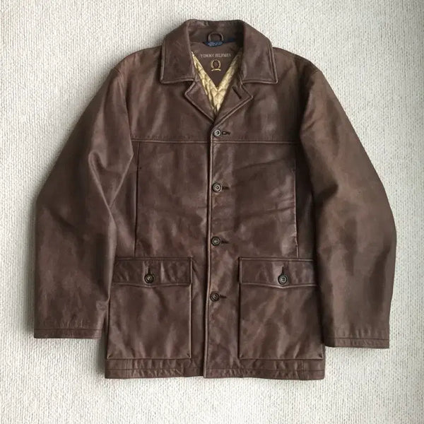 [BUNJANG] 90s Tommy Hilfiger Brown Oiled Leather Car Coat M-L / 90s 타미힐피거 브라운 오일레더 카코트