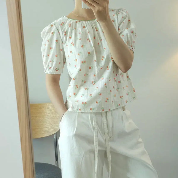 [BUNJANG] UNDERBEE Women's Short Sleeve Blouse - Vintage Floral Check Pattern / (F)언더비 여성 반팔 블라우스 빈티지 플라워