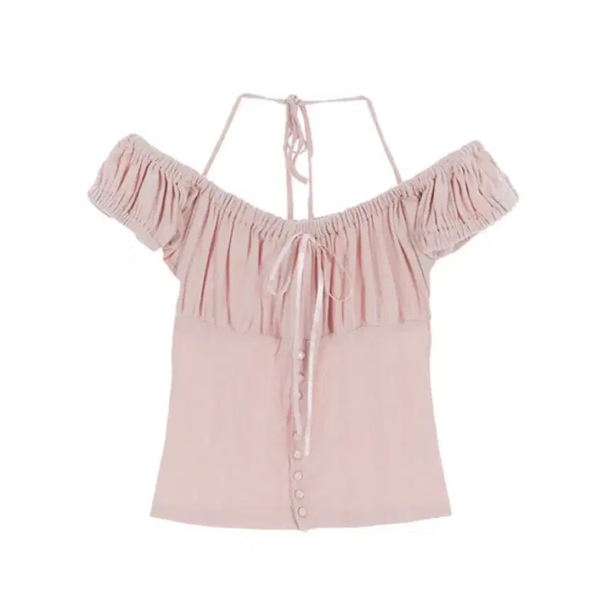 [BUNJANG] Rose Franz Shirring Halter Off Shoulder T-shirt / 로제프란츠 Shirring Halter Off Shoulder 티셔츠