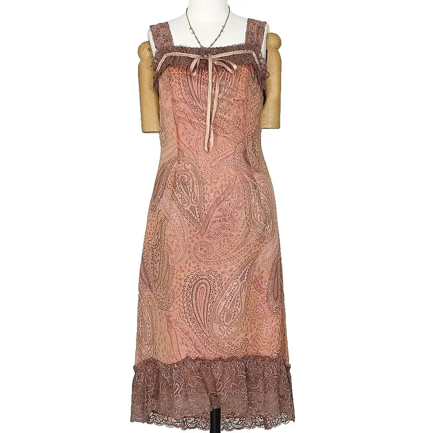 [BUNJANG] Vintage Chiffon Lace Ribbon Paisley Ethnic Long Dress Mori Girl Gyaru Y2K / 일본빈티지 쉬폰레이스리본페이즐리에스닉 롱원피스 모리걸하구미룩갸루y2k
