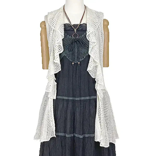 [BUNJANG] Vintage Drape Ruffle A-Line Net Vest Cardigan Mori Girl Gyaru Y2K Hippie Ethnic / 일본빈티지 드레이프러플 A라인 그물조끼베스트가디건모리걸갸루y2k히피에스닉
