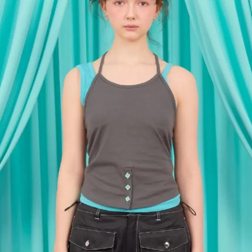 [BUNJANG] HERETIC Button Strap Halter Top Charcoal / BUTTON STRAP HALTER TOP charcoal