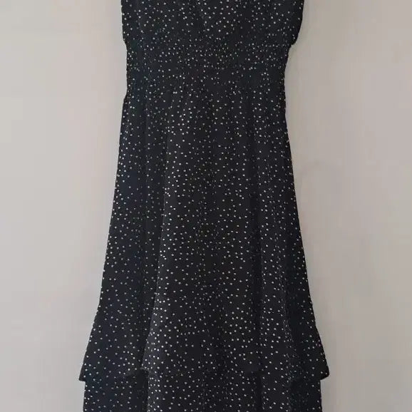 [BUNJANG] Black Polka Dot Sleeveless Maxi Dress / 블랙 도트 물방울 땡땡이 무늬 나시 롱원피스/허리밴딩 2단 원피스(새거)