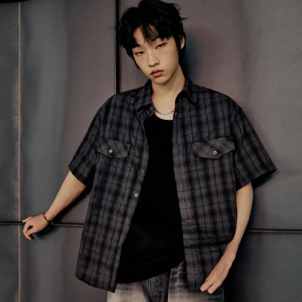 [BUNJANG] PINO Vintage Wrinkle Semi-Oversized Check Shirt - Charcoal S / 피인오 빈티지 링클 세미오버 체크셔츠 - 챠콜 s