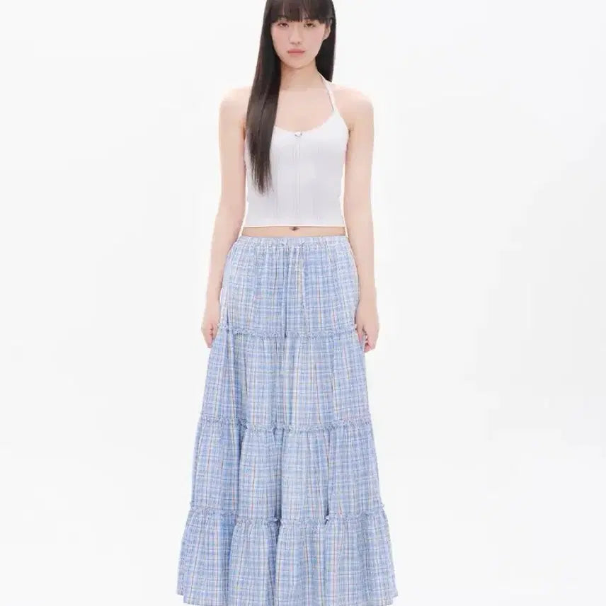 [BUNJANG] Youhee Ruffle Detail Maxi Skirt (Blue Check) / 유희 프릴 디테일 맥시 스커트 (블루 체크) 체크 캉캉 스커트 프릴치마
