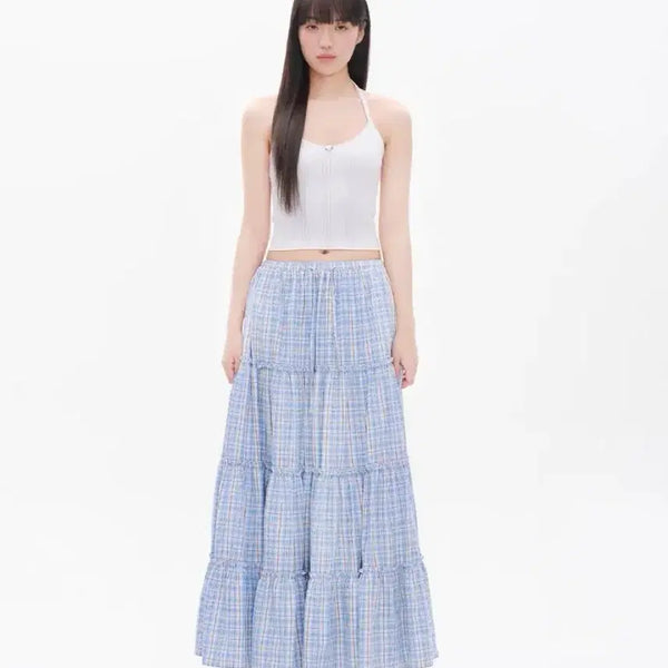 [BUNJANG] Youhee Ruffle Detail Maxi Skirt (Blue Check) / 유희 프릴 디테일 맥시 스커트 (블루 체크) 체크 캉캉 스커트 프릴치마