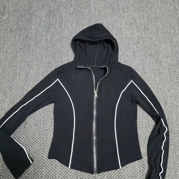 [BUNJANG] Crop Zip-Up Hoodie with White Line / 크롭블랙 집업 후드티 화이트 라인