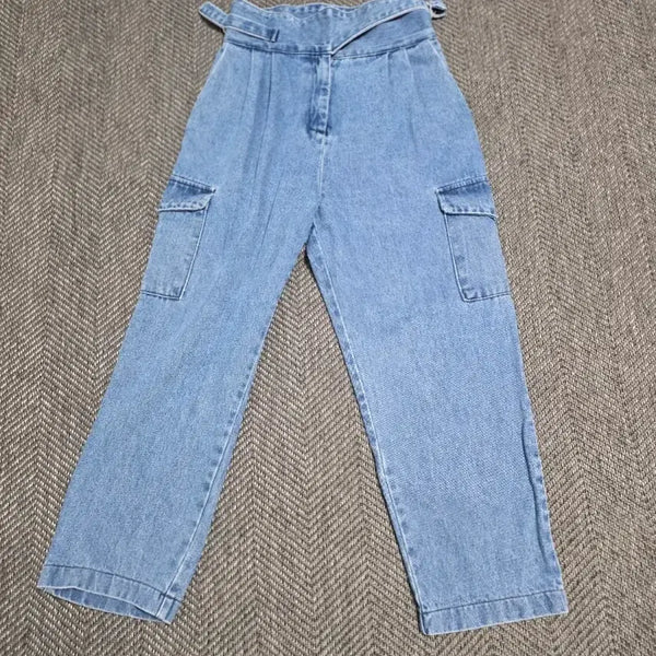 [BUNJANG] High-Waisted Cargo Denim Pants Light Blue Wash / 하이웨이스트 카고 데님 팬츠 연청