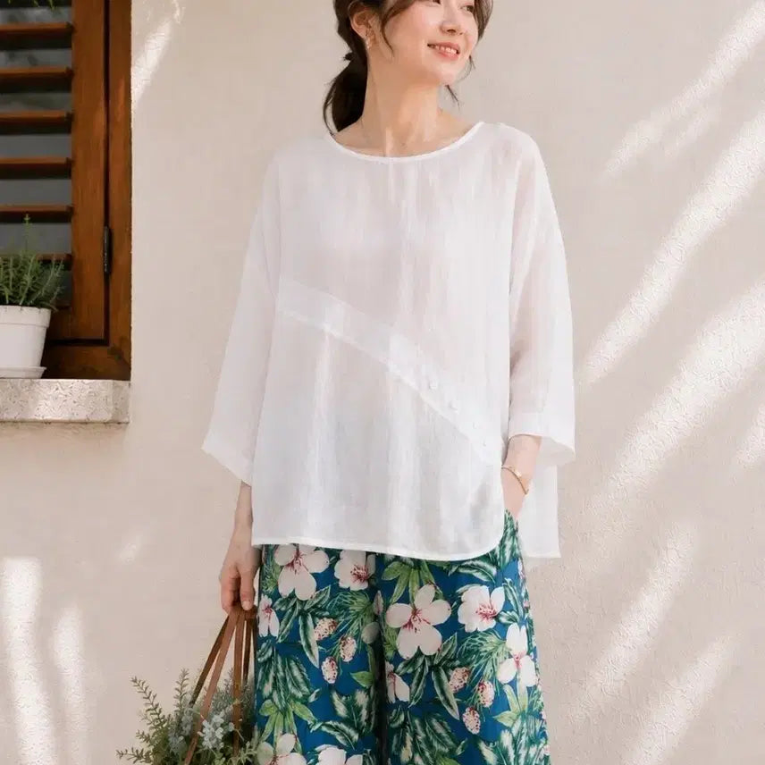 [BUNJANG] Linen Button White Blouse / 린넨 단추 화이트 블라우스