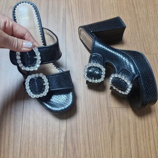 [BUNJANG] Maje Real Leather Mules Sandals Black Cubic Embellishment / 마쥬 리얼가죽 뮬 샌들 블랙 큐빅 장식. 240. 굽 3.10