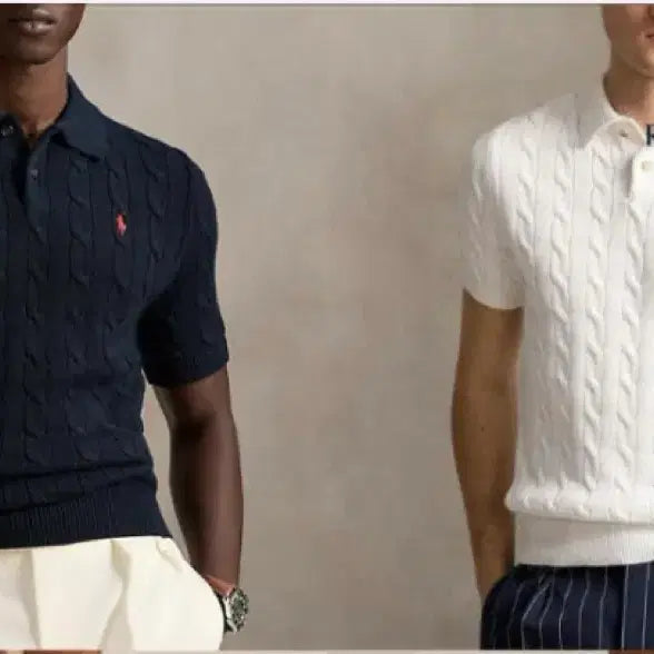 [BUNJANG] Polo Ralph Lauren Cable Collar Short Sleeve Knit (Black/White) / 폴로 랄프로렌 케이블 카라 반팔 남성 니트 블랙/화이트 꽈배기 카라니트