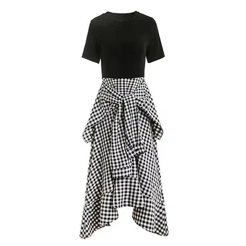 [BUNJANG] Checkered Color-Block Layered Long Dress / 체크 배색 레이어드 롱 원피스
