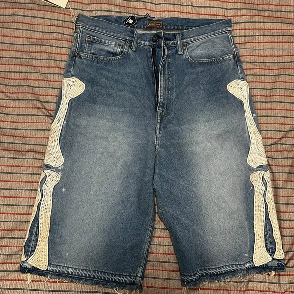 [BUNJANG] Kapital 14oz Denim 5P Bone Embroidery Shorts Indigo Size 34 / [새상품] 캐피탈 14온즈 데님 5P 본 자수 숏 팬츠 인디고 34사이즈