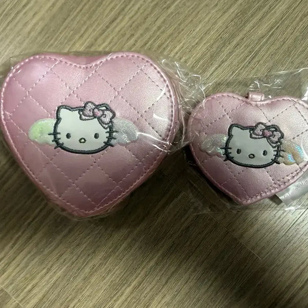 [BUNJANG] Sanrio Hello Kitty Angel Pink Heart Quilting Pouch with Mirror Bundle Set / 산리오 헬로키티 엔젤 핑크 하트 퀄팅 파우치+거울 일괄