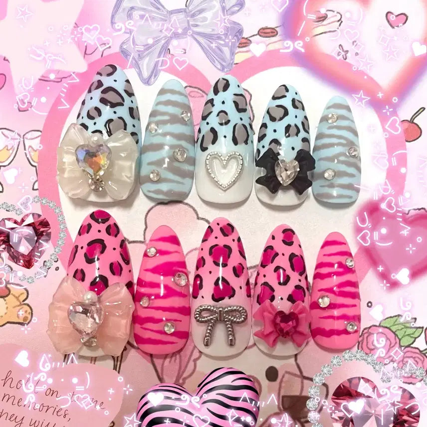 [BUNJANG] Handmade Garu Leopard Pink Sky Nail Tips Set / (재고1개/빠른배송)갸루 호피 핑크 하늘 수제네일팁 하이틴 양산형 공주