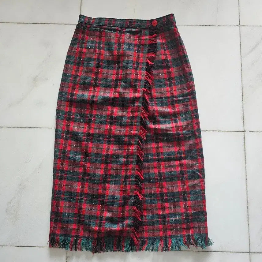 [BUNJANG] Handmade Wool Tartan Plaid Wrap Long Skirt / [핸드메이드/미착용] 빈티지 모직 타탄체크 랩 롱스커트