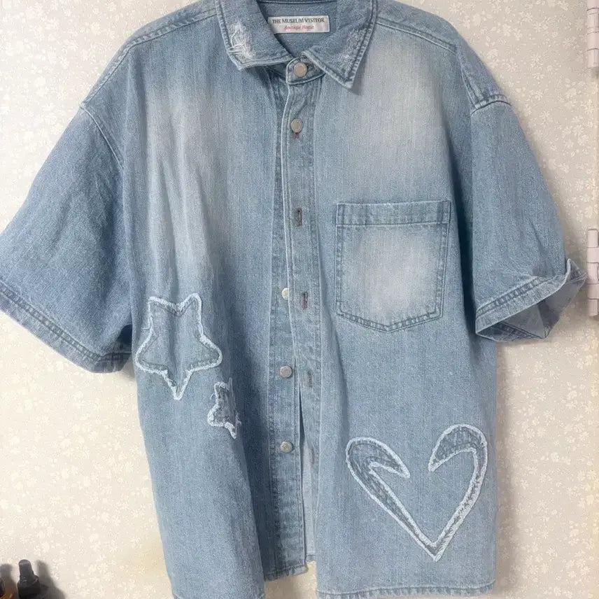 [BUNJANG] The Museum Visitor Star Damage Denim Half Shirt L / 더뮤지엄비지터 스타데미지 데님 하프 셔츠 L