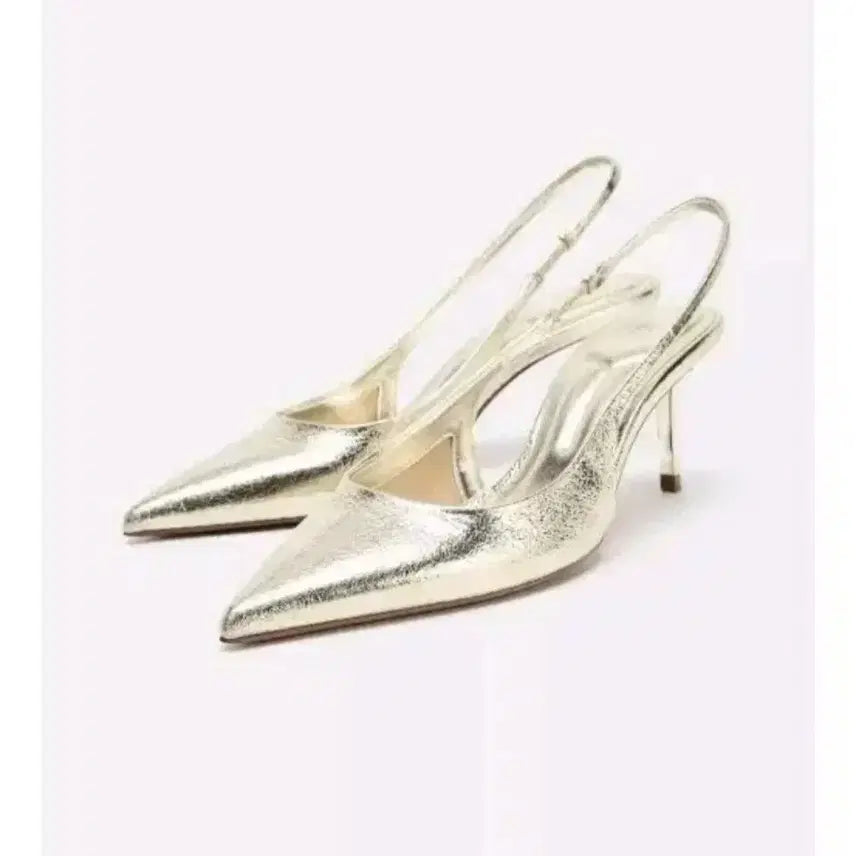 [BUNJANG] Zara Metallic Slingback Heels - Gold, 38 (245) / zara 자라 메탈릭 슬링백 힐 - 골드,38(245)