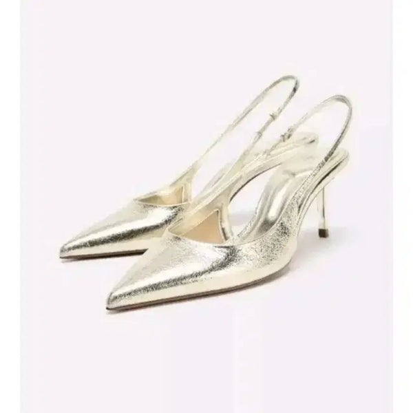 [BUNJANG] Zara Metallic Slingback Heels - Gold, 38 (245) / zara 자라 메탈릭 슬링백 힐 - 골드,38(245)