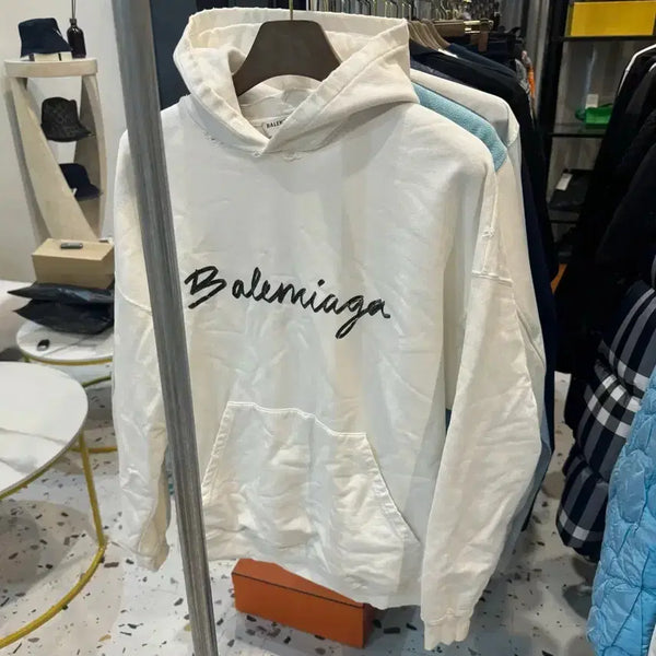 [BUNJANG] Balenciaga Script Logo Hoodie White Size 2 / [정품/2사이즈] 발렌시아가 스트립트 로고 후드티 화이트