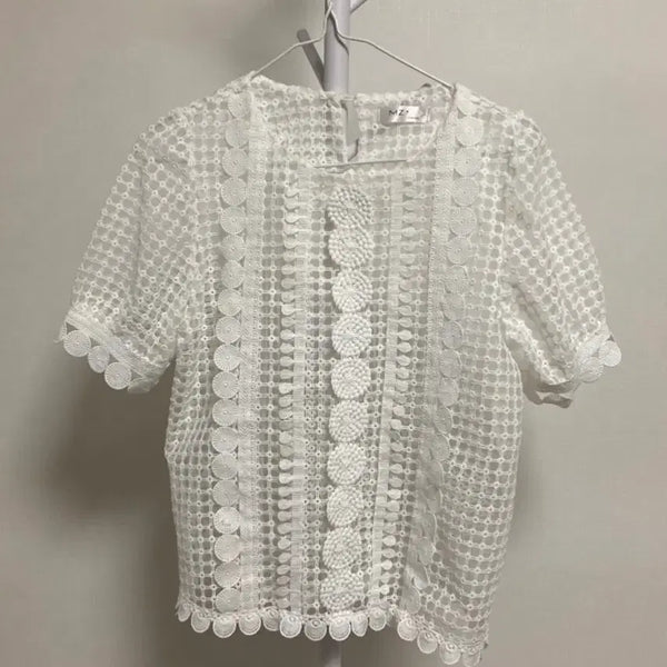 [BUNJANG] Sheer White Blouse with Punching Detail / 시스루 블라우스 여성 화이트 블라우스 펀칭블라우스