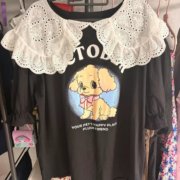 [BUNJANG] Black Dog Print Puff Sleeve Lace Collar T-Shirt / 블랙 강아지 프린트 퍼프 소매 레이스 칼라 티셔츠