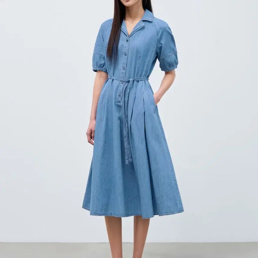 [BUNJANG] Beanpole Ladies Denim Half Sleeve Long Dress / 24년 빈폴레이디스 39.9만 데님 헤지 반팔 롱원피스 청퍼프볼륨소매벨트