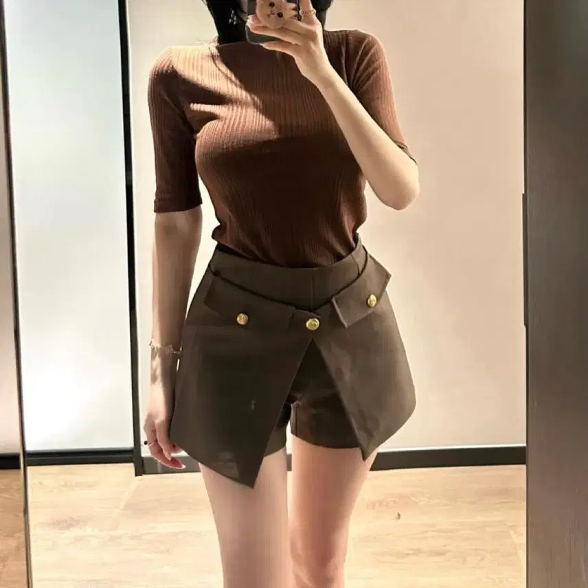 [BUNJANG] Gold Button Skirt Pants Brown M / 골드버튼치마바지 브라운 새상품 M