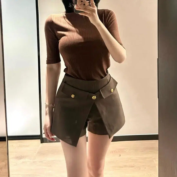 [BUNJANG] Gold Button Skirt Pants Brown M / 골드버튼치마바지 브라운 새상품 M