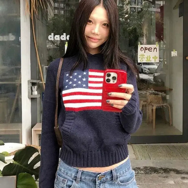 [BUNJANG] American Flag Pattern Knit Hoodie Navy / 미국 성조기 패턴 니트후드티 네이비