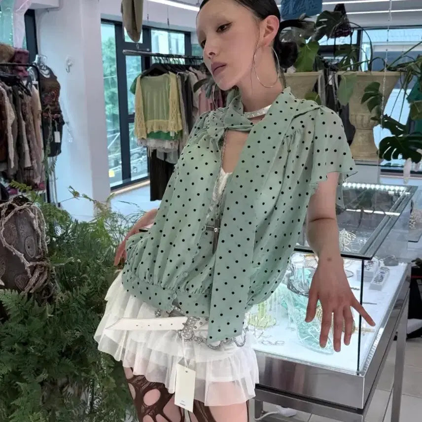 [BUNJANG] Mint Polka Dot Blouse Top / 민트 블라우스 탑