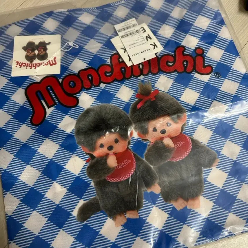 [BUNJANG] Monchhichi Shopping Basket - Blue Checkered / 몬치치 장바구니 블루