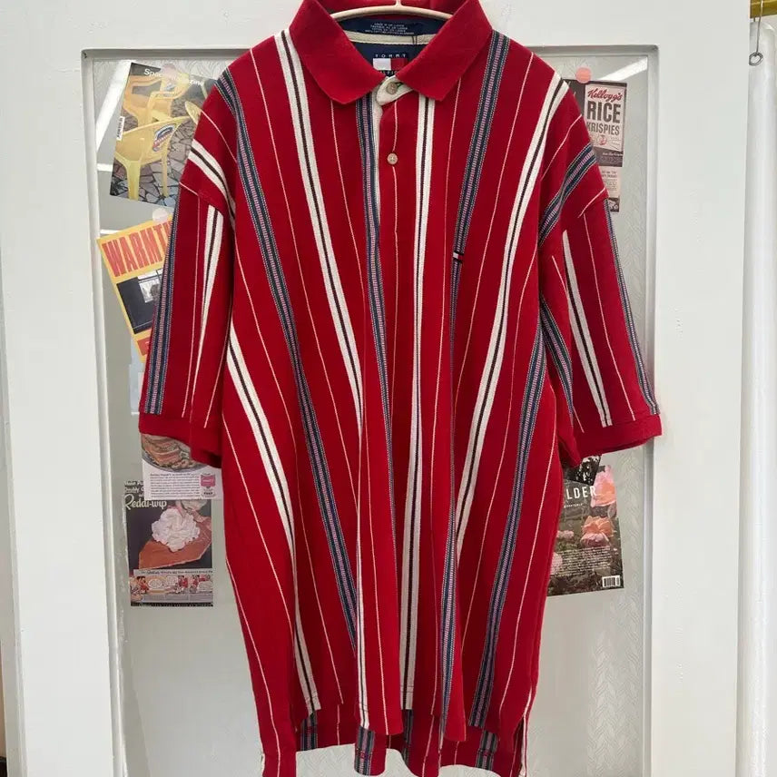 [BUNJANG] Vintage Tommy Hilfiger Striped Red Polo T-Shirt XL / 타미힐피거 스트라이프 PK 반팔 카라티 XL 레드 올드머니