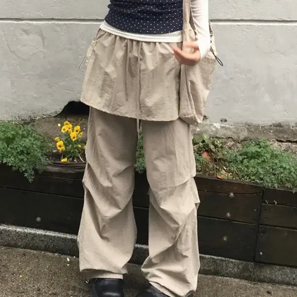 [BUNJANG] More Than Sugar Crumb Nylon Pintuck Wide Jogger Pants Beige / 모어댄슈가 크럼블 나일론 스트링 핀턱 와이드 조거 팬츠 베이지
