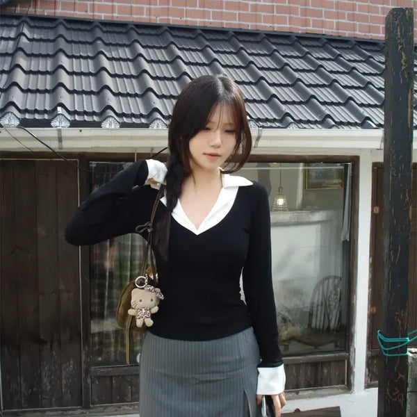 [BUNJANG] Our Cabinet Long Sleeve Layered Shirt T-Shirt / 아워캐비넷 스쿨 셔츠 롱슬리브 레이어드 티셔츠