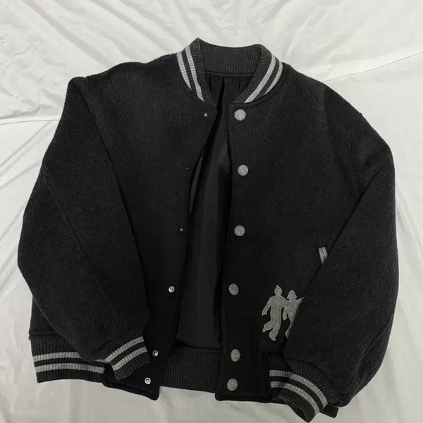 [BUNJANG] STU Embroidered Padded Bomber Jacket Charcoal / Stu 엠브로더리 패디드 봄버 차콜