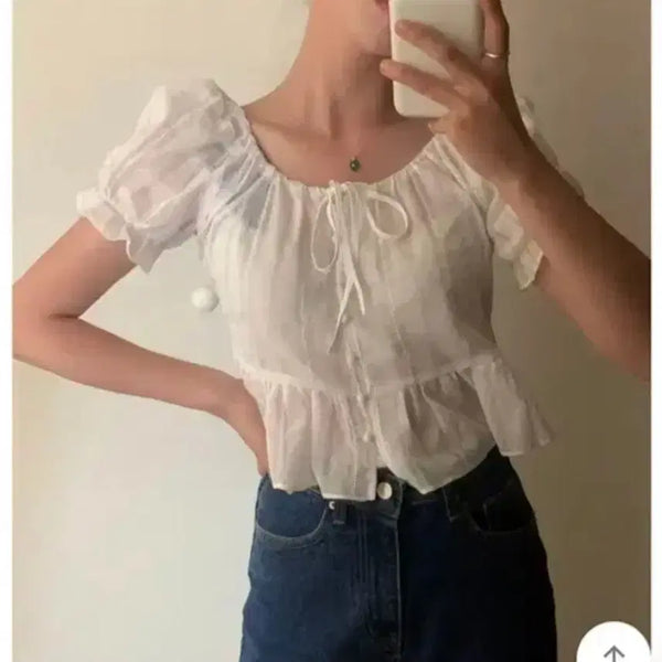 [BUNJANG] Nearwear Puff Sleeve Frill Blouse White / 니어웨어 퍼프 소매 프릴 블라우스 화이트