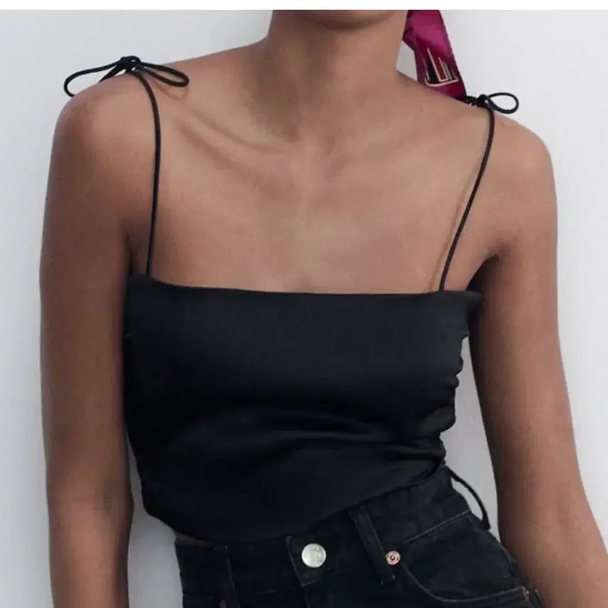 [BUNJANG] ZARA Black Ribbon Strap Tank Top (S) / 자라 블랙 나시 탑 (s)